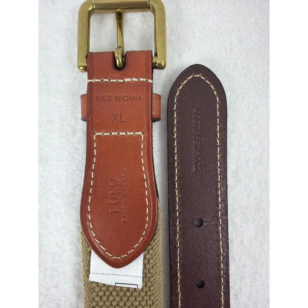 Polo Ralph Lauren Mens Khaki Tan Woven Braided Leather Belt XL Brass Buckle